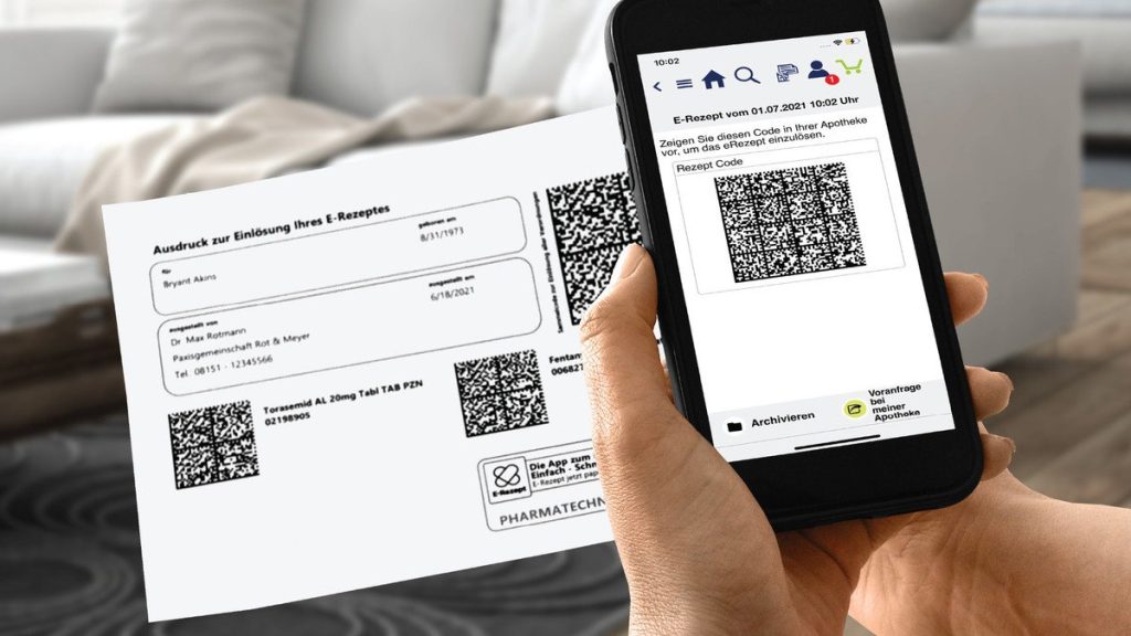 An E-Rezept printout and the E-Rezept app at a German pharmacy